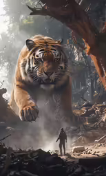 a man walks in the middle of a forest towards a large tiger