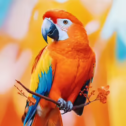 the parrot is standing on a branch on the yellow and blue background
