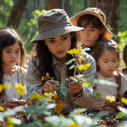 four young girls sitting together, one is smelling a flower and the other is pointing