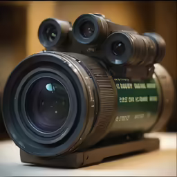 an old digital camera with its focus lens set up on a table
