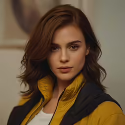 a close up of a person wearing a yellow jacket