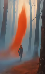a person walking through a foggy forest with an orange kite flying in the air