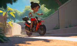a cartoon girl riding a motorcycle on the street