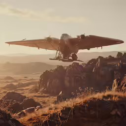 an airplane takes off from a rocky terrain