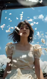 a woman wearing a white dress looks at the sky and white butterflies floating up
