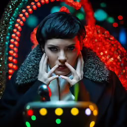 a woman in black coat with a cake