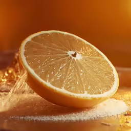 a half of an orange sitting on top of ice