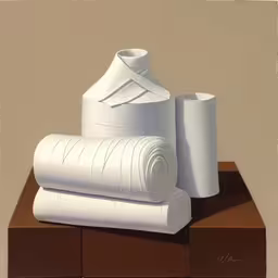 a painting of folded paper on top of blocks,a bunch of toilet paper sitting on top of a wooden box