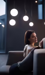 a woman is posing on a couch while holding her hands up to her chest