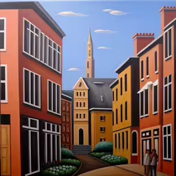 a painting with some buildings painted in oranges and reds,some people are walking down the alley way by some buildings