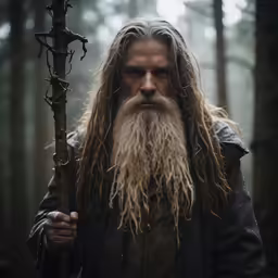 a man with long, curly, brown hair and beard holding a tree branch