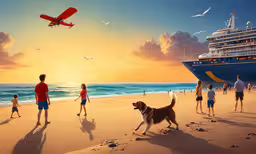 people and a dog on a sandy beach with a ship in the background,an illustration of people, dogs and ships on a beach