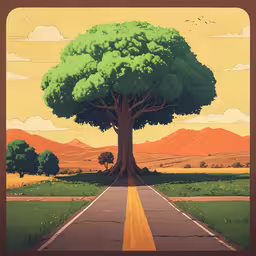 a tree sitting on top of a street,a colorful picture of a tree with a pathway