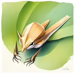 an artwork work depicting a golden bird on a leaf background
