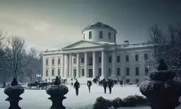 people are walking in the snow near the court house