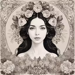 the face of a woman in an ornate frame with roses,an art nouveau photo of a young woman with roses in her hair