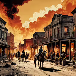 cowboys riding through an old western town in front of the sunset,a couple of people ride horses down a street with smoke