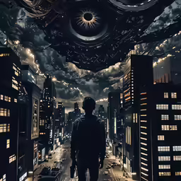 a man walks through a city street at night