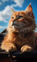 an orange tabby cat laying down looking up with blue sky in the background