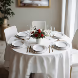 a table that has plates and wine glasses