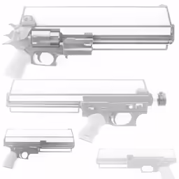 three different views of a pistol and their attachments