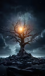 a light in the middle of the night on a tree in the middle of rocks