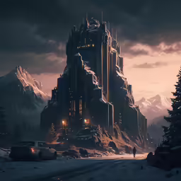 a huge castle sits on the snow covered mountain