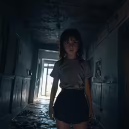 a young woman is standing in an abandoned room