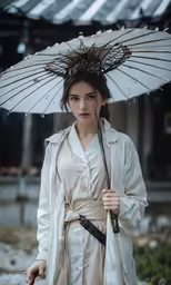 a girl in white kimono holding a umbrella