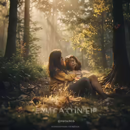 two women are sitting in the woods with trees and leaves