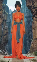 the model is wearing an orange dress with a blue sash