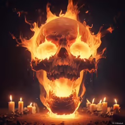 a fire skull sitting in front of a bunch of lit candles