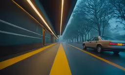 the car is driving in between two large tunnel doors