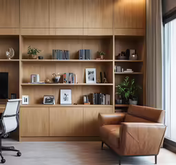 the room has a wooden bookcase, a desk and chair
