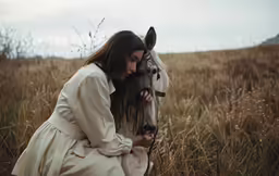 a woman sitting on the ground next to a horse