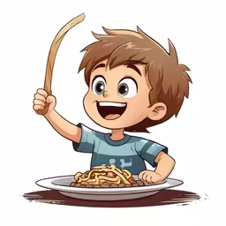 a young boy eating spaghetti while holding a scribble