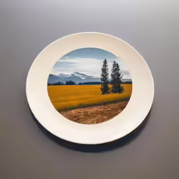 an oval plate with a picture of a tree and a field in the middle