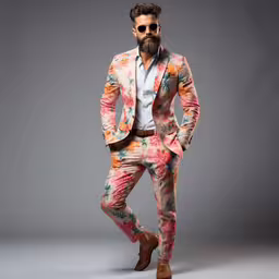 man in colorful suit posing for the camera,man in colorful patterned suit and glasses posing for the camera