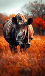 a rhino standing on a field covered in grass