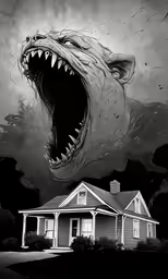 the house with its mouth open in front of it is surrounded by huge, dangerous teeth