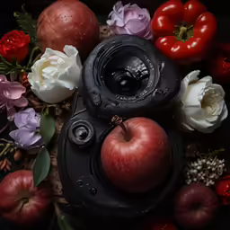 the apple is surrounded by the colorful flower and fruit