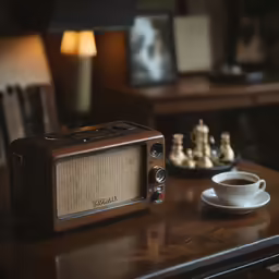 there is a coffee cup and a radio on the table
