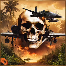 a skull with a fighter jet in the sky behind it,the skull is on top of the plane and the jet