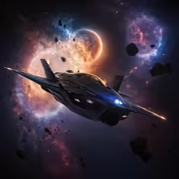 an artistic shot shows a spaceship flying in space