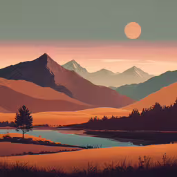a painting of a mountain and river,a painting with trees, mountains, and water in the background