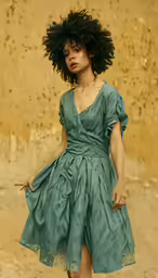 woman with afro hair in dress on the ground