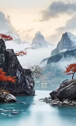 the view of a body of water surrounded by mountains