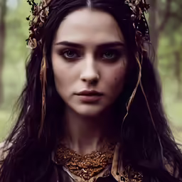 a woman with long hair and a gold necklace in front of trees