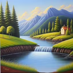 there is a painting on a wall next to a water source,a painting of an rural landscape with a house and trees