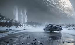 a car drives through an icy field with snow